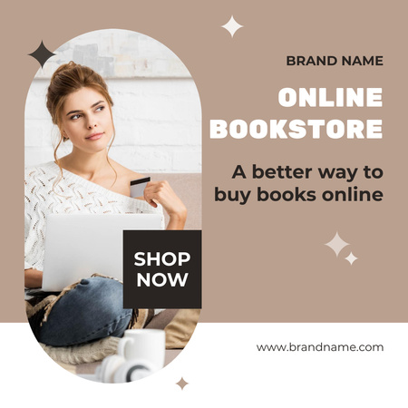 Online Book Store Advertising with Woman holding Credit Card Instagramデザインテンプレート