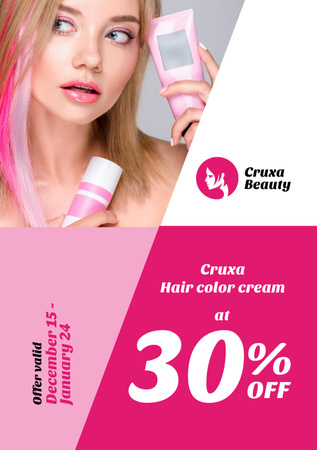 Hair Color Cream Offer Girl with Pink Hair Flyer A5 Design Template