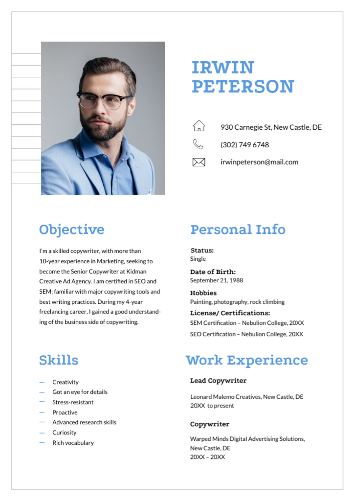 Template di design Professional copywriter skills and experience Resume