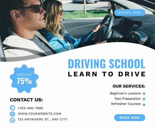 Designvorlage Goal-oriented Driving School Offer With Discount And Services List für Facebook