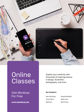 Online Art Classes Offer with laptop and drawings Poster US Design Template