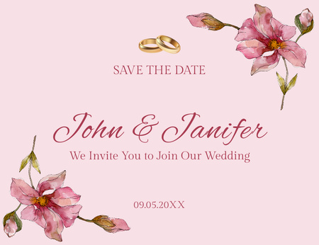 Template di design salvare la data del matrimonio con fiori rosa Thank You Card 5.5x4in Horizontal