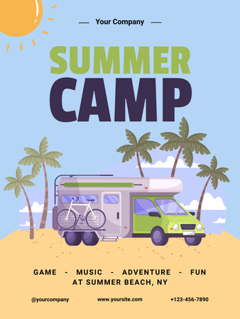 Designvorlage Sommercamp-Werbung mit Illustration des Strandes für Poster US