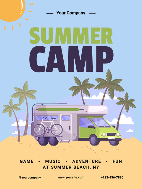 Plantilla de diseño de Summer Camp Ad with Illustration of Beach Poster US 