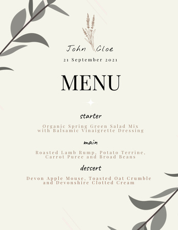 Lista minimalista de aperitivos de casamento ilustrada com plantas Menu 8.5x11in Modelo de Design