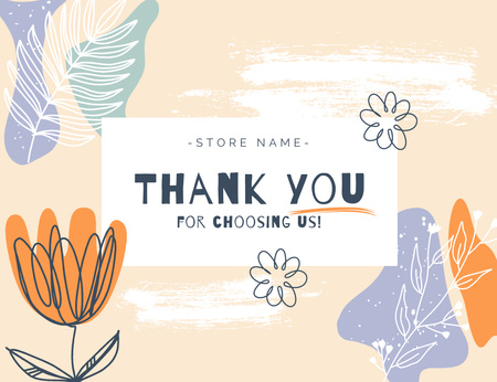 Thank You Text with Hand Drawn Flowers on Pastel Beige Thank You Card 5.5x4in Horizontal Tasarım Şablonu