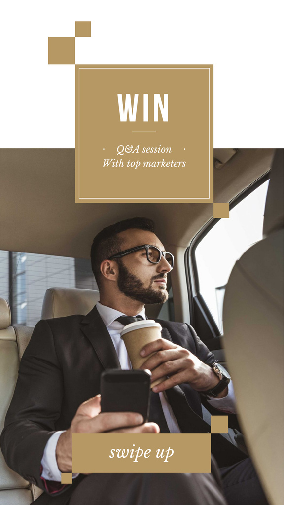 Designvorlage Businessman in Car with Coffee and smartphone für Instagram Story