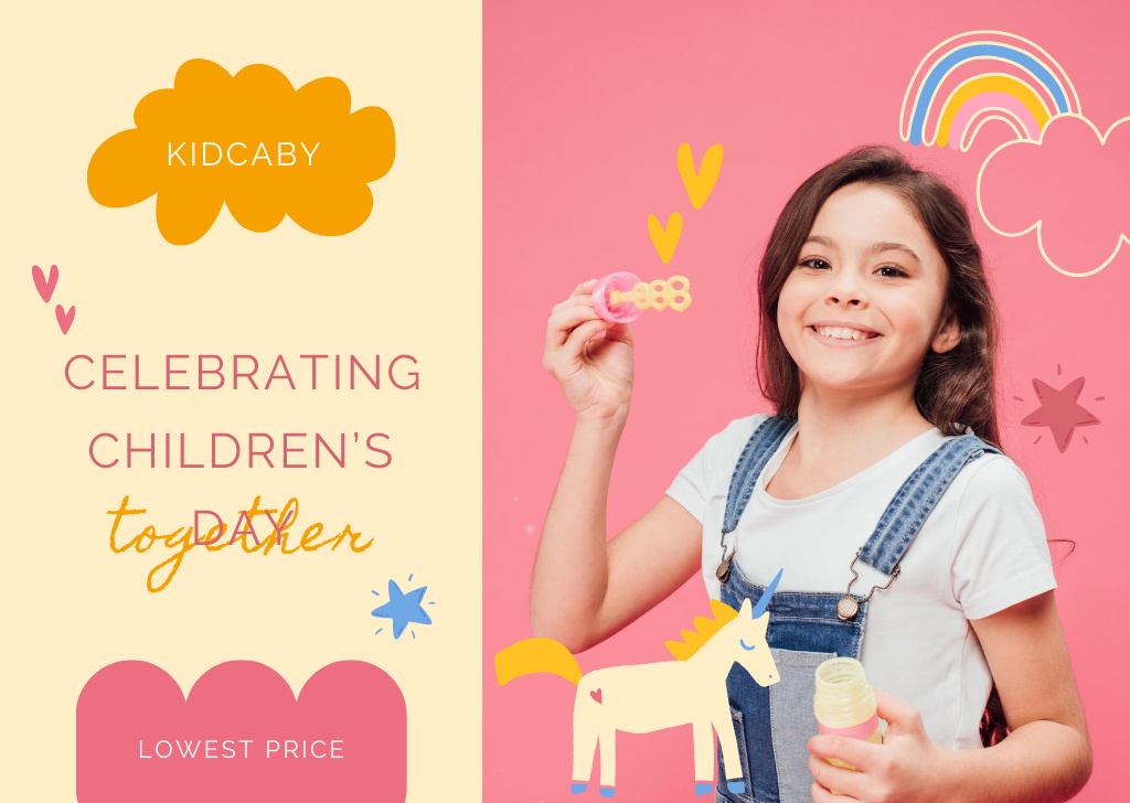 Platilla de diseño Children's Day with Cute Girl with Soap Bubbles Card