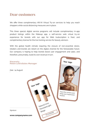 Modèle de visuel Annonce d'une nouvelle application mobile avec des produits de maquillage à l'écran - Letterhead