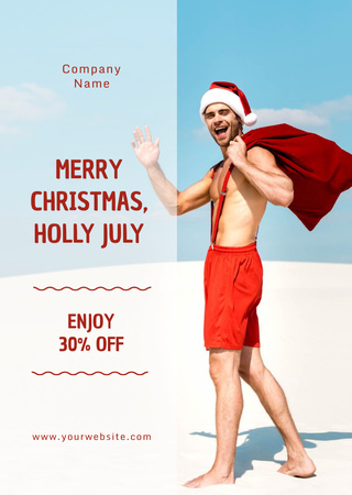 Cheerful Man in Santa Claus Costume Standing on Beach in Sunny Day Postcard A6 Vertical Design Template