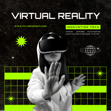 Virtual Reality Tech -mainos, jossa on nuori nainen VR-laseissa Instagram Design Template