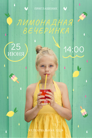Kids Party Invitation with Girl Drinking Lemonade Pinterest – шаблон для дизайна