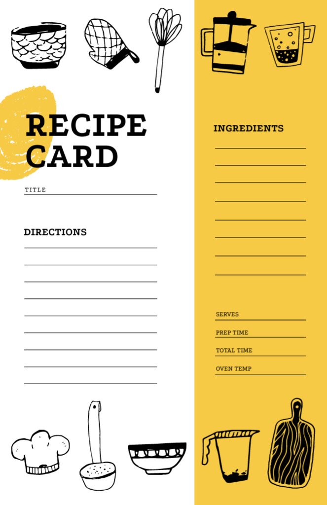 Cute Recipe Illustrations on Yellow Recipe Card Design Template