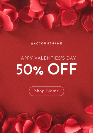 Valentine's Day Discount Ad with Red Rose Petals Postcard A5 Vertical Design Template