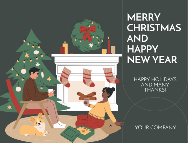 Christmas and New Year Greetings with Illustration of Family Postcard 4.2x5.5inデザインテンプレート