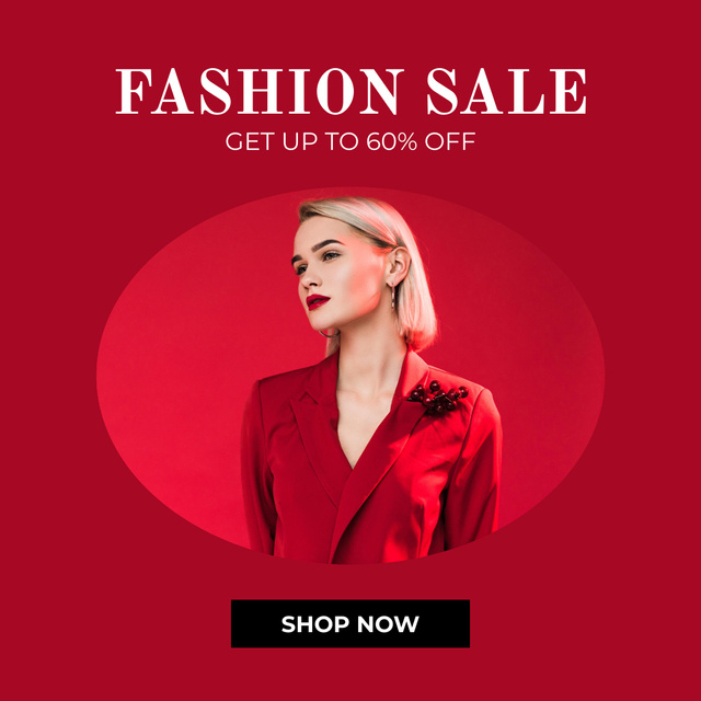Female Clothing Sale Announcement with Woman in Red  Instagram Design Template