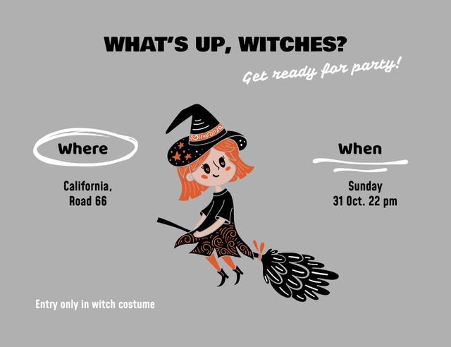 Halloween Party Announcement With Witch On Broom Invitation 13.9x10.7cm Horizontal Design Template