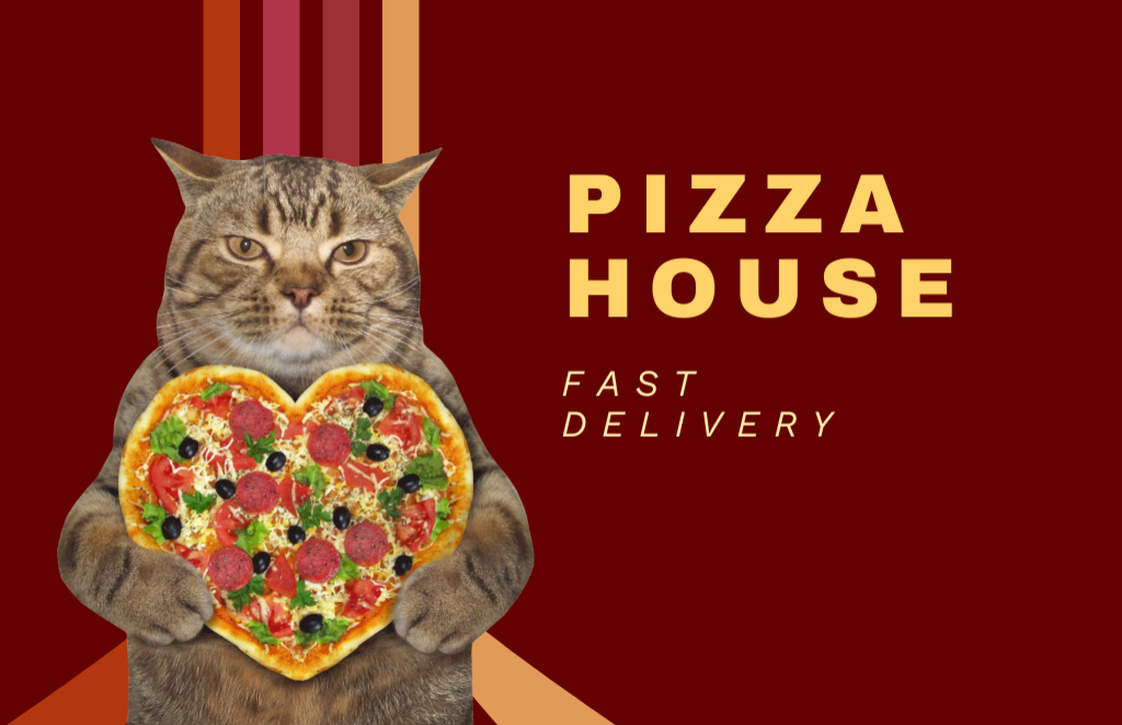 Cute Cat with Heart Shaped Pizza Business Card 85x55mmデザインテンプレート