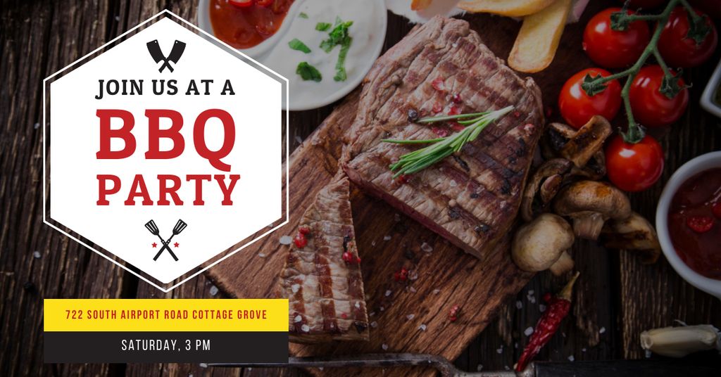 Smoky BBQ Party Announcement With Ribs On Wooden Table Facebook AD Design Template