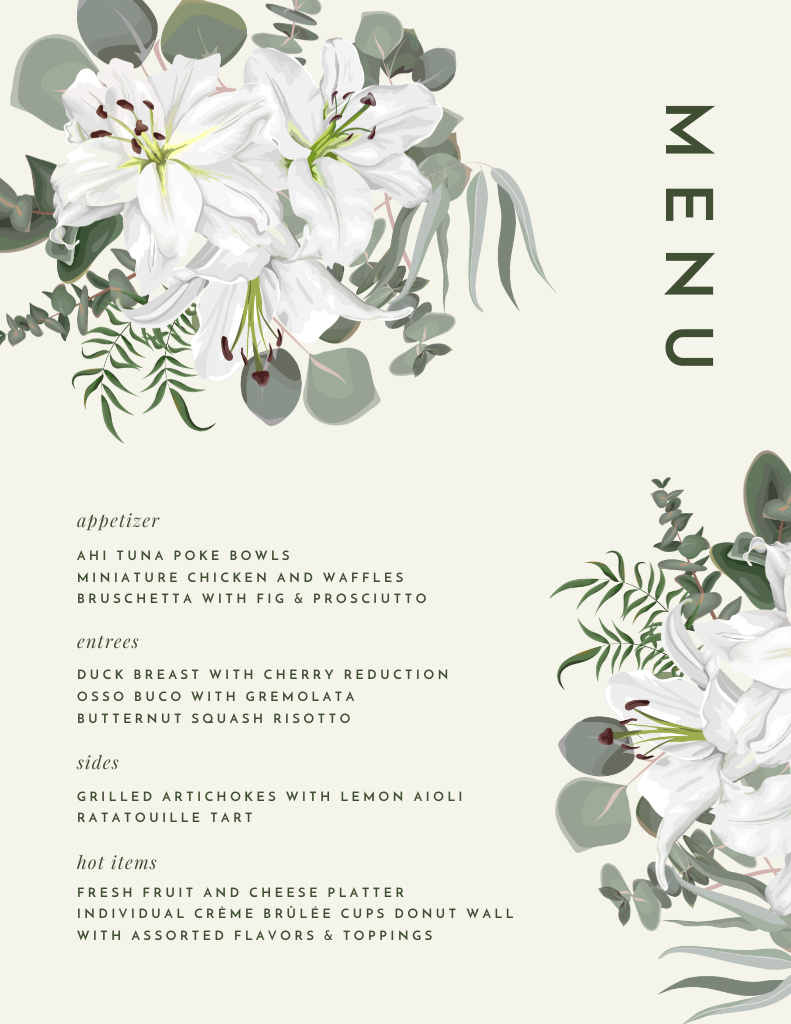 Pastel Green Floral Wedding Food List Menu 8.5x11in Modelo de Design