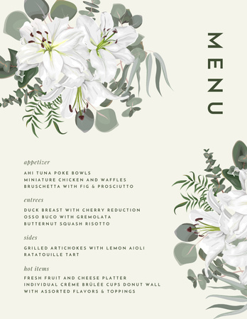 Template di design Lista degli alimenti per matrimoni floreali verde pastello Menu 8.5x11in