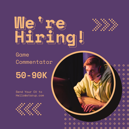 Game Commentator Vacancy Ad with Man at Computer Instagram Design Template
