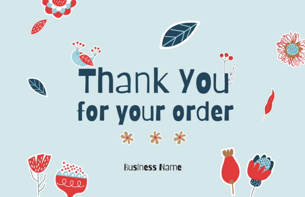 Thank You For Your Order Message with Doodle Flowers on Blue Thank You Card 5.5x8.5inデザインテンプレート