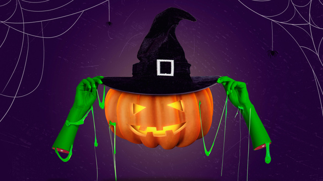 Designvorlage Macabre Halloween Jack-o'-lantern With Witch Hat für Zoom Background