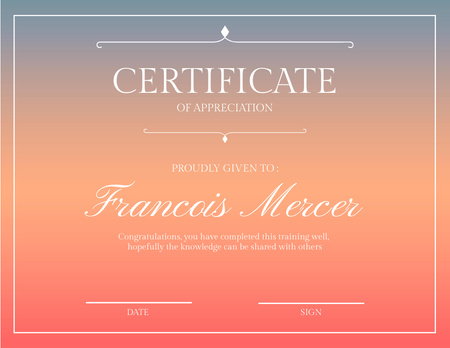 Ontwerpsjabloon van Certificate van Appreciation Diploma on Peach Gradient