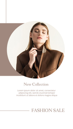 Naisten muotivaatteita aletaan myydä naisen kanssa ruskeassa bleiserissä Instagram Story Design Template