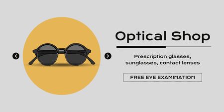 Anúncio de loja óptica com óculos de sol com lentes escuras Twitter Modelo de Design