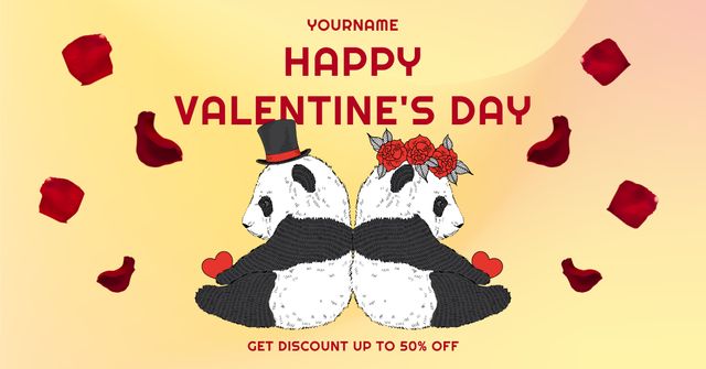 Plantilla de diseño de Valentine's Day Discount with Cute Pandas Facebook AD 