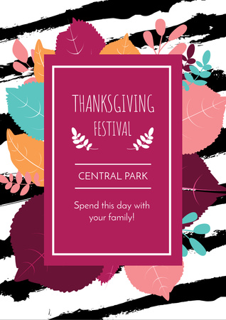 Thanksgiving Festival Announcement with Autumn Leaves Flyer A4 Design Template