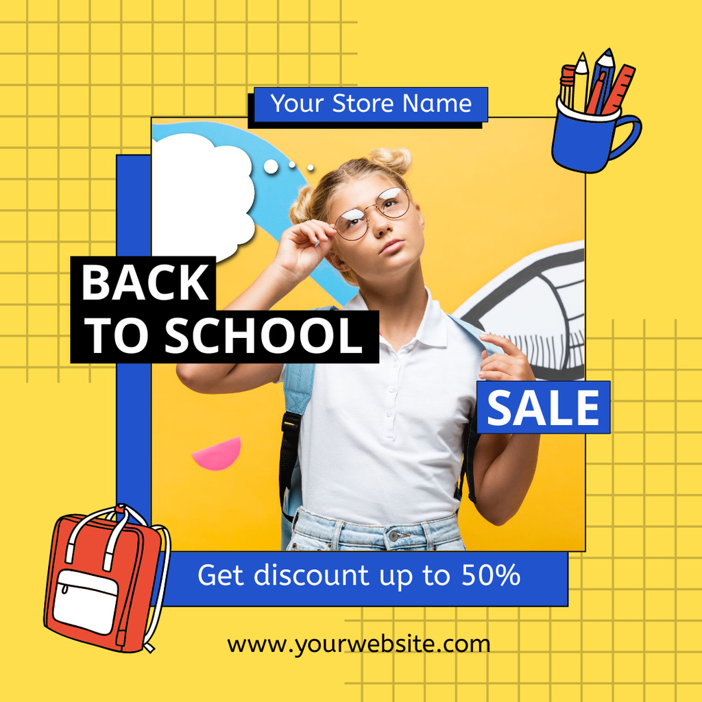 Discount School Supplies with Student on Yellow Instagram Design Template