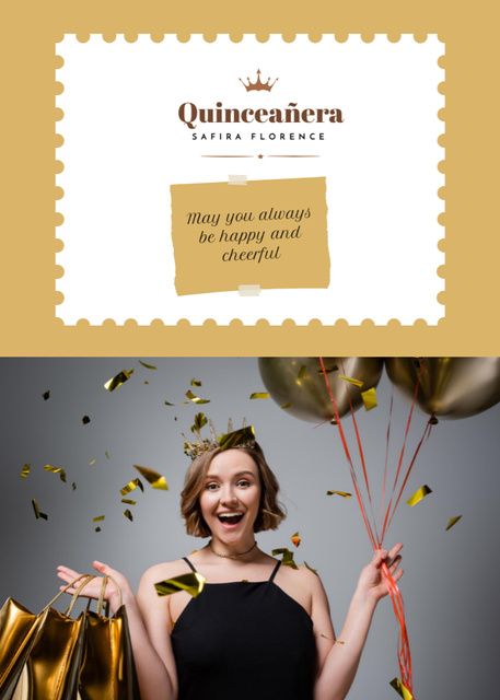 Plantilla de diseño de Happy Young Woman in Crown Celebrating Quinceañera Postcard 5x7in Vertical 