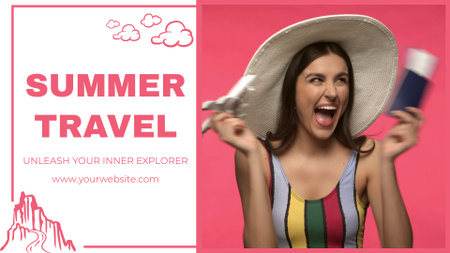 Designvorlage Sommerreisen mit Ticket-Promotion in Pink für Full HD video