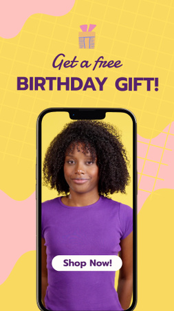 Offering Free Birthday Present At Shop With Smartphone Instagram Video Story tervezősablon