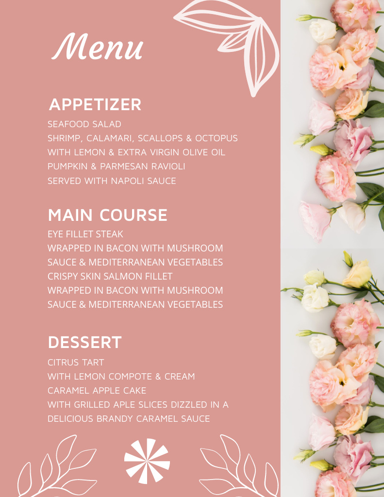 Wedding Appetizers List with Eustomas Menu 8.5x11in Design Template
