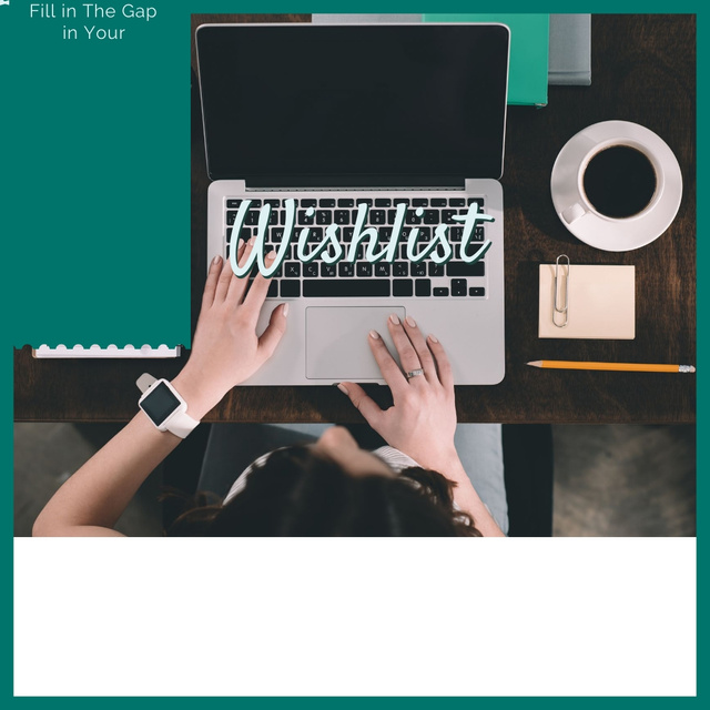 Designvorlage Woman creating Wishlist on Laptop für Instagram AD