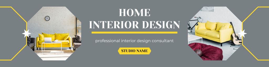 Home Interior Design Ad with Yellow Sofa LinkedIn Coverデザインテンプレート
