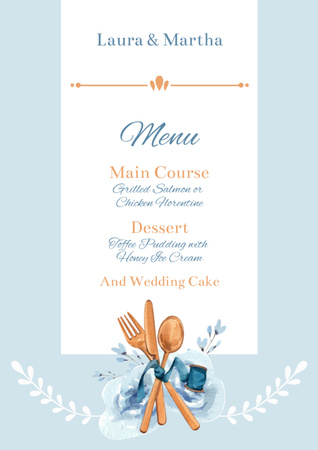 Watercolor Illustrated Wedding Course List on Blue Menu Design Template