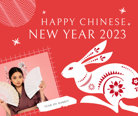 Saudação de ano novo chinês com mulher e coelho Facebook Modelo de Design