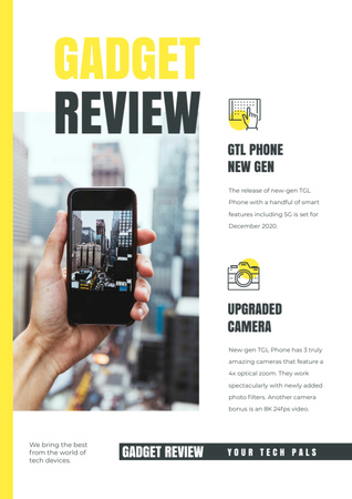 Designvorlage Gadget Review with Woman taking photo of city für Newsletter