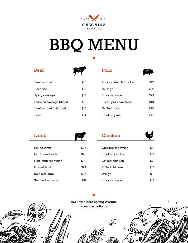 BBQ Restaurant Dishes List With Illustration Menu 8.5x11inデザインテンプレート