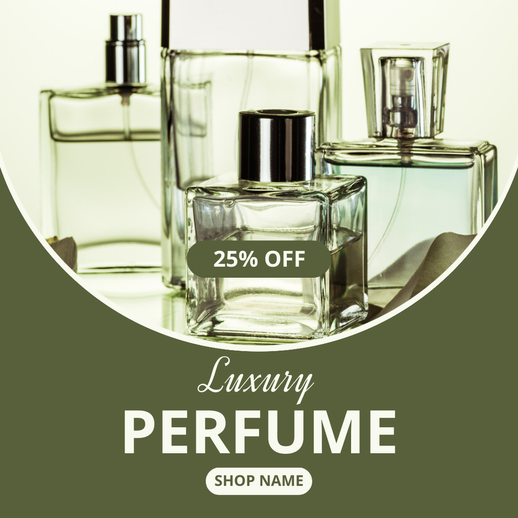 Luxury Perfume Discount Offer with Bottles in Green Instagram Šablona návrhu