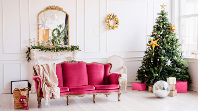 Christmas Tree in Elegant Living Room Zoom Background – шаблон для дизайна