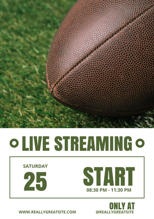 Sport Streaming Announcement with Rugby Ball on Green Grass Poster Design Template
