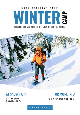 Platilla de diseño Snow Trekking Camp Invitation with Man in Mountains Poster 28x40in