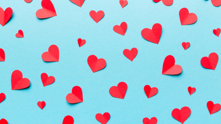 Feriado do Dia dos Namorados com corações vermelhos em azul Zoom Background Modelo de Design