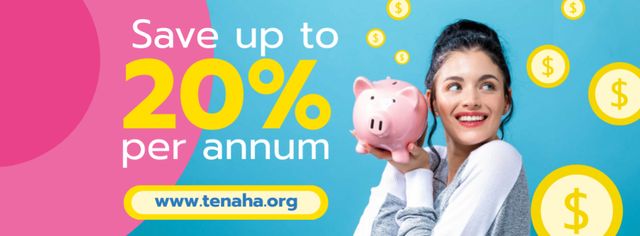 Savings Service Ad with Woman Holding Piggy Bank Facebook coverデザインテンプレート